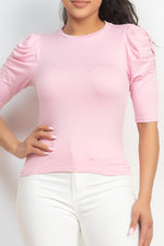 Load image into Gallery viewer, Round Neck Puff Ruched Sleeve Top
