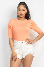 Load image into Gallery viewer, Round Neck Puff Ruched Sleeve Top
