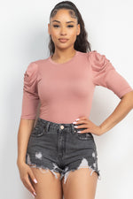 Load image into Gallery viewer, Round Neck Puff Ruched Sleeve Top
