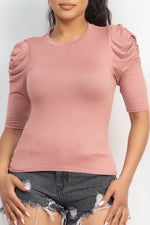 Load image into Gallery viewer, Round Neck Puff Ruched Sleeve Top
