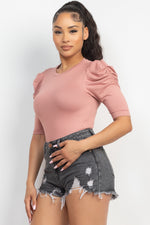 Load image into Gallery viewer, Round Neck Puff Ruched Sleeve Top
