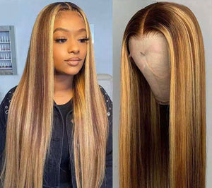 Straight Lace Front Wig Highlight Wig Human Hair Colored Ombre