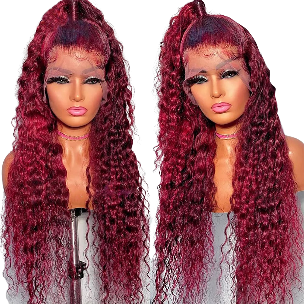 99J Colored Lace Front Human Hair Wigs Deep Wave Burgundy 13x4 HD Transparent Lace Frontal Wig Glueless