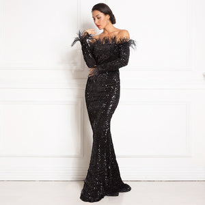 Black Shiny Sequin Feather Velvet Party Dress