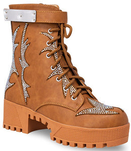 RHINESTONE LACE LUG COMBAT BOOTS