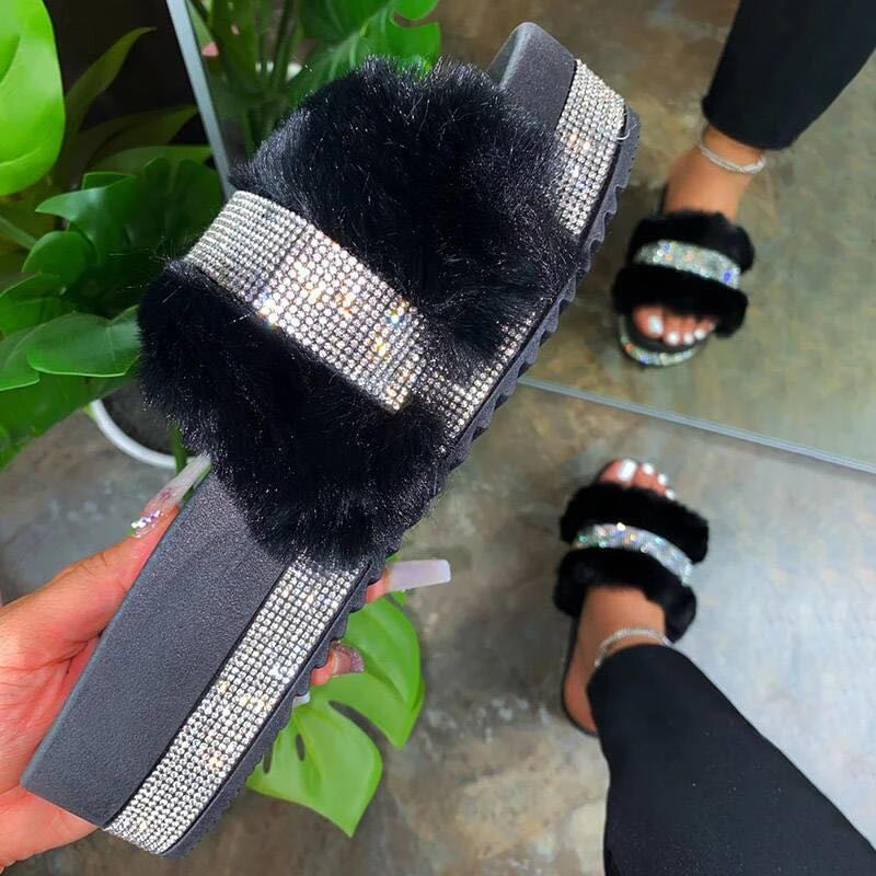 Faux Fur Slides Rhinestones