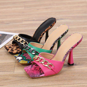 Print Pattern Square Toe Women Slippers Fashion Chain