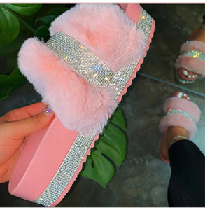 Fur Slides Rhinestones