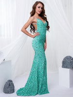 Load image into Gallery viewer, Padded V Neck Backless Stretch Sequin Mermaid Maxi Dress Split Sleeveless Open Back Dress
