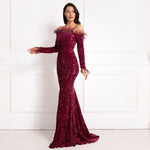 Load image into Gallery viewer, Burgundy Shiny Sequin Feather Velvet Party Dress
