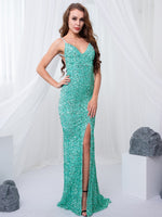 Load image into Gallery viewer, Padded V Neck Backless Stretch Sequin Mermaid Maxi Dress Split Sleeveless Open Back Dress
