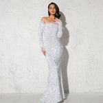 Load image into Gallery viewer, White Shiny Sequin Feather Velvet Party Dress
