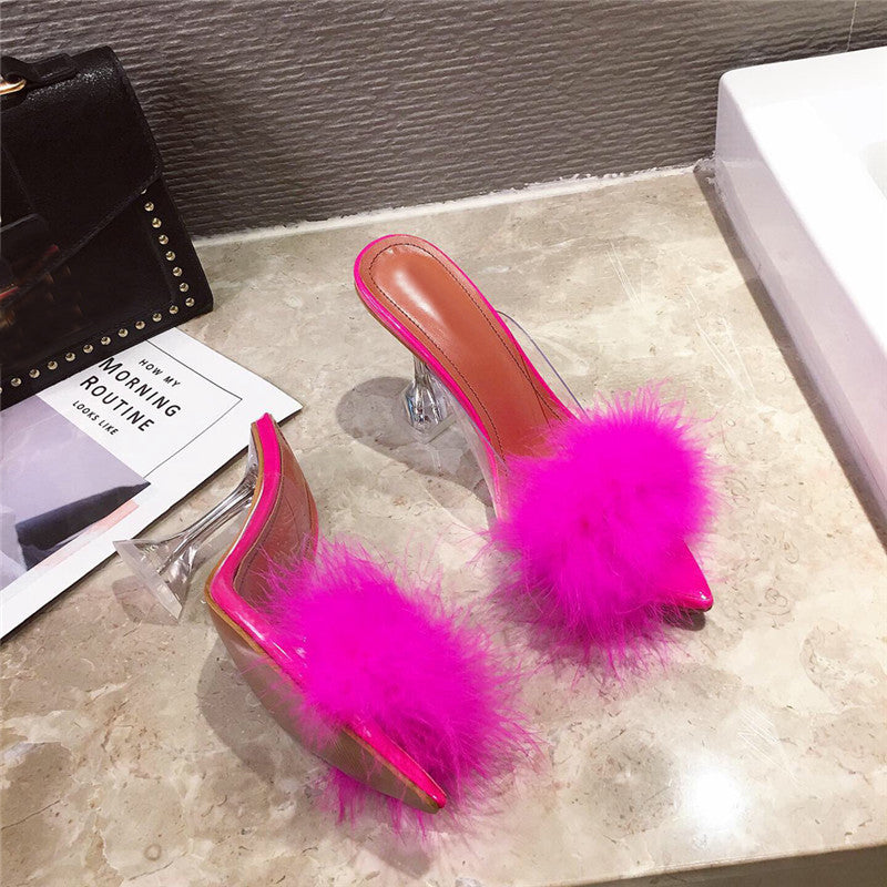 Feather Transparent High heels Faux Fur Pumps