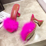 Load image into Gallery viewer, Feather Transparent High heelsFaux Fur Slippers
