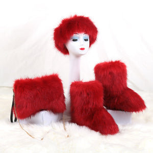 Fluffy Faux Fur Boots with Matching Color Shoulder Bag Set.