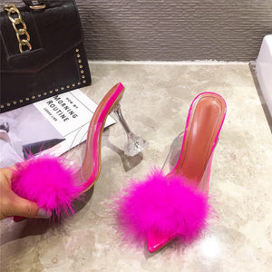 Feather Transparent High heels Faux Fur Pumps