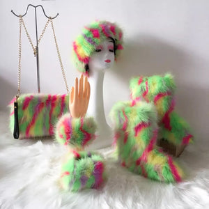 Fluffy Faux Fur Boots with Matching Color Shoulder Bag Set.