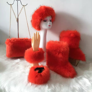 Fluffy Faux Fur Boots with Matching Color Shoulder Bag Set.