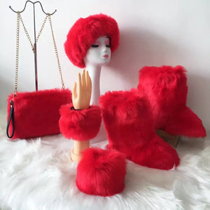 Fluffy Faux Fur Boots with Matching Color Shoulder Bag Set.