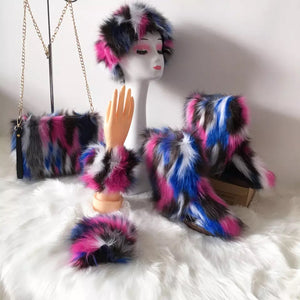 Fluffy Faux Fur Boots with Matching Color Shoulder Bag Set.