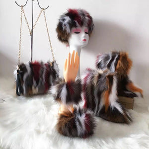 Fluffy Faux Fur Boots with Matching Color Shoulder Bag Set.