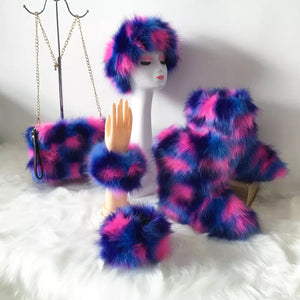 Fluffy Faux Fur Boots with Matching Color Shoulder Bag Set.