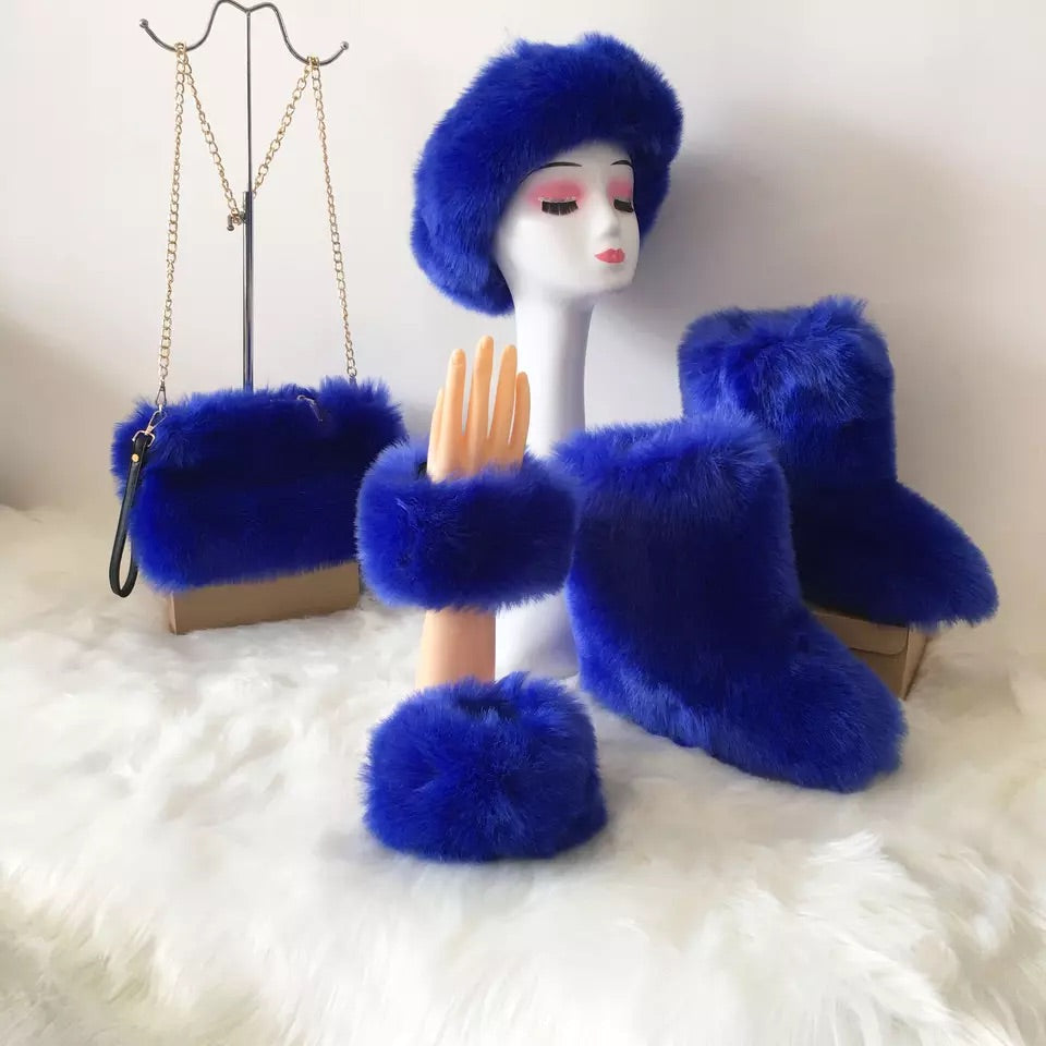 Fluffy Faux Fur Boots with Matching Color Shoulder Bag Set.