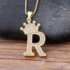 New Luxury Copper Zircon A-Z Crown Alphabet Pendant Chain