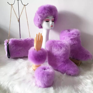 Fluffy Faux Fur Boots with Matching Color Shoulder Bag Set.