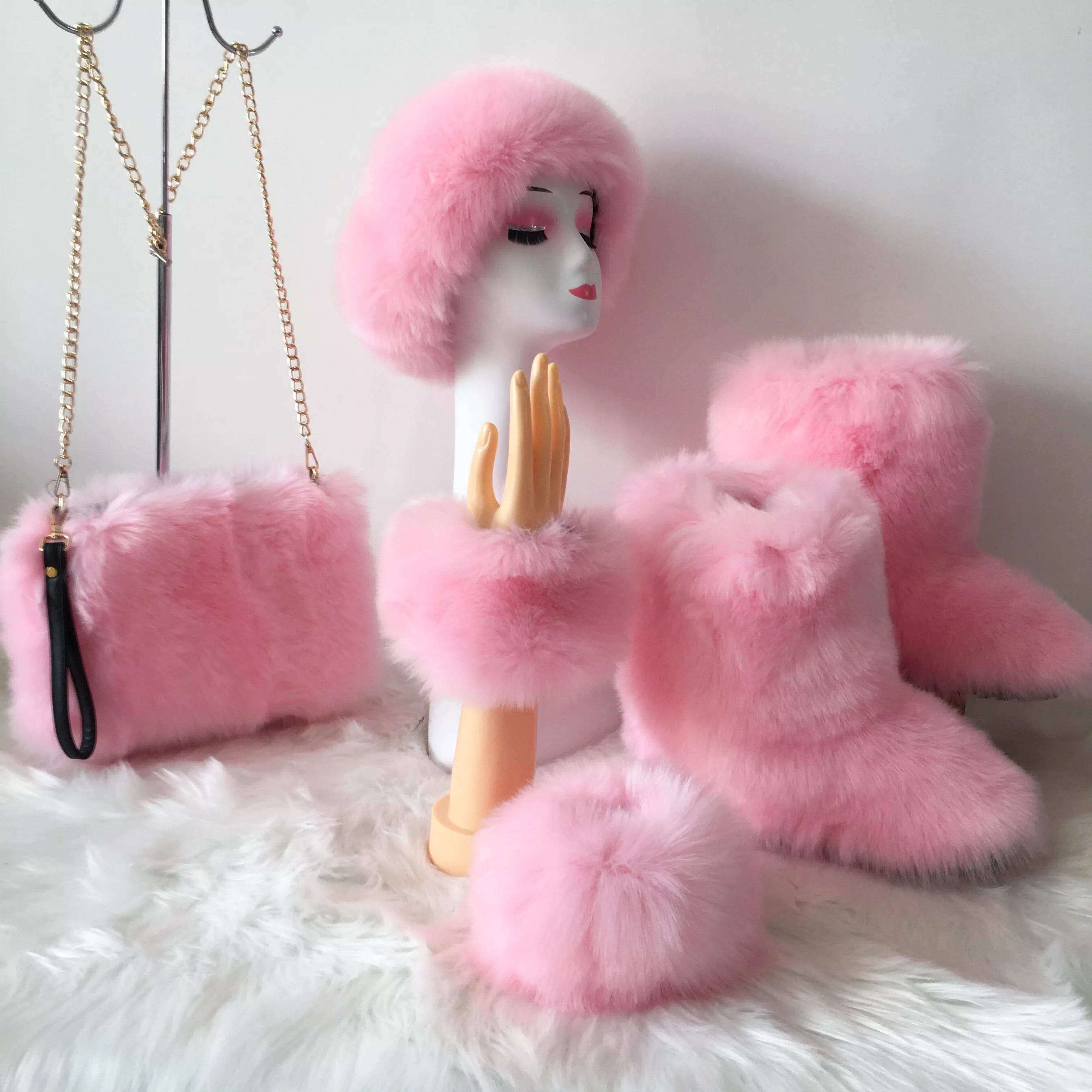 Fluffy Faux Fur Boots with Matching Color Shoulder Bag Set.