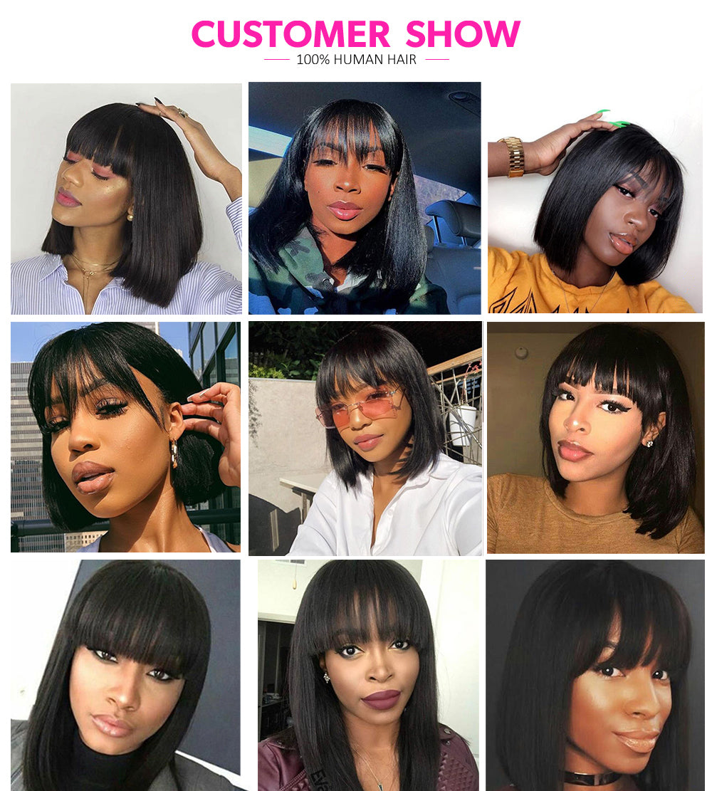 Straight Bob Wig With Bangs Bone No Lace