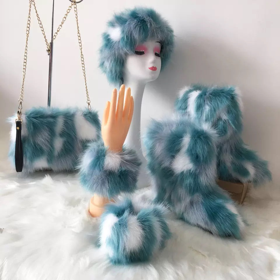 Fluffy Faux Fur Boots with Matching Color Shoulder Bag Set.