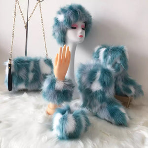 Fluffy Faux Fur Boots with Matching Color Shoulder Bag Set.