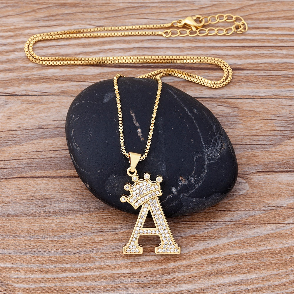 New Luxury Copper Zircon A-Z Crown Alphabet Pendant Chain