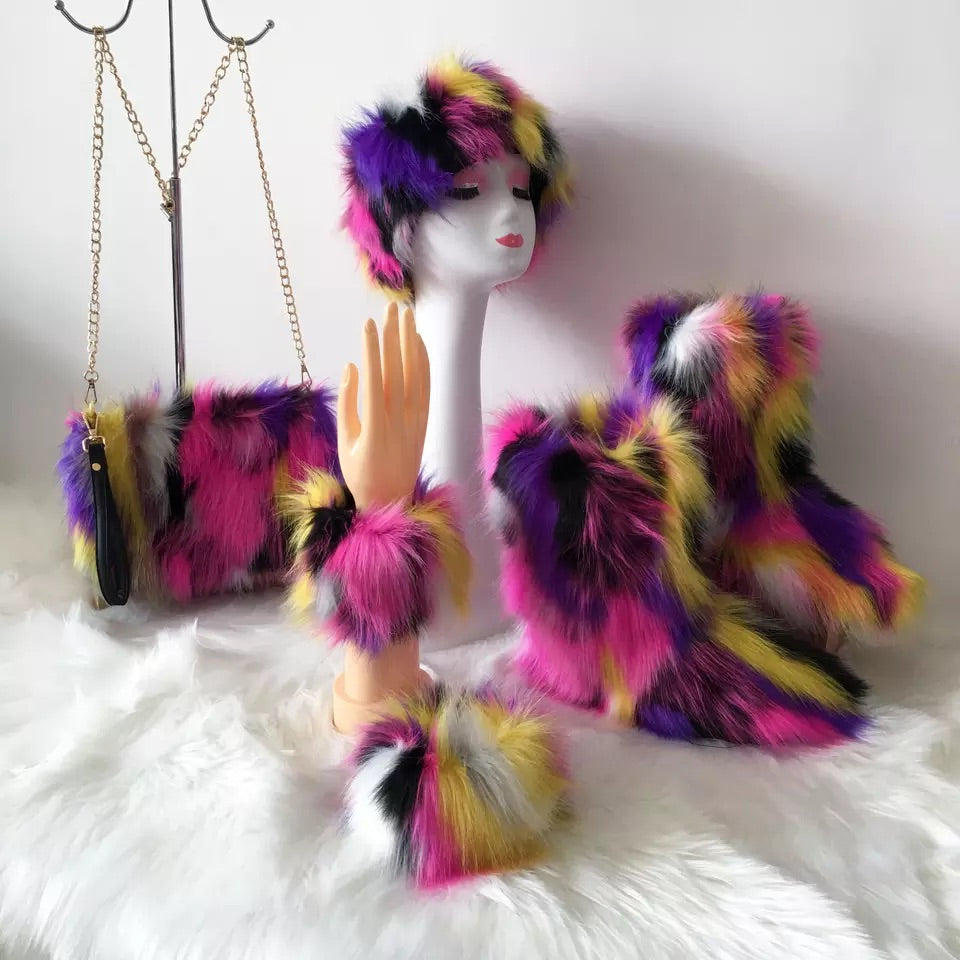 Fluffy Faux Fur Boots with Matching Color Shoulder Bag Set.