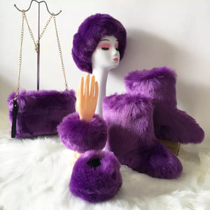 Fluffy Faux Fur Boots with Matching Color Shoulder Bag Set.