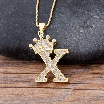 New Luxury Copper Zircon A-Z Crown Alphabet Pendant Chain