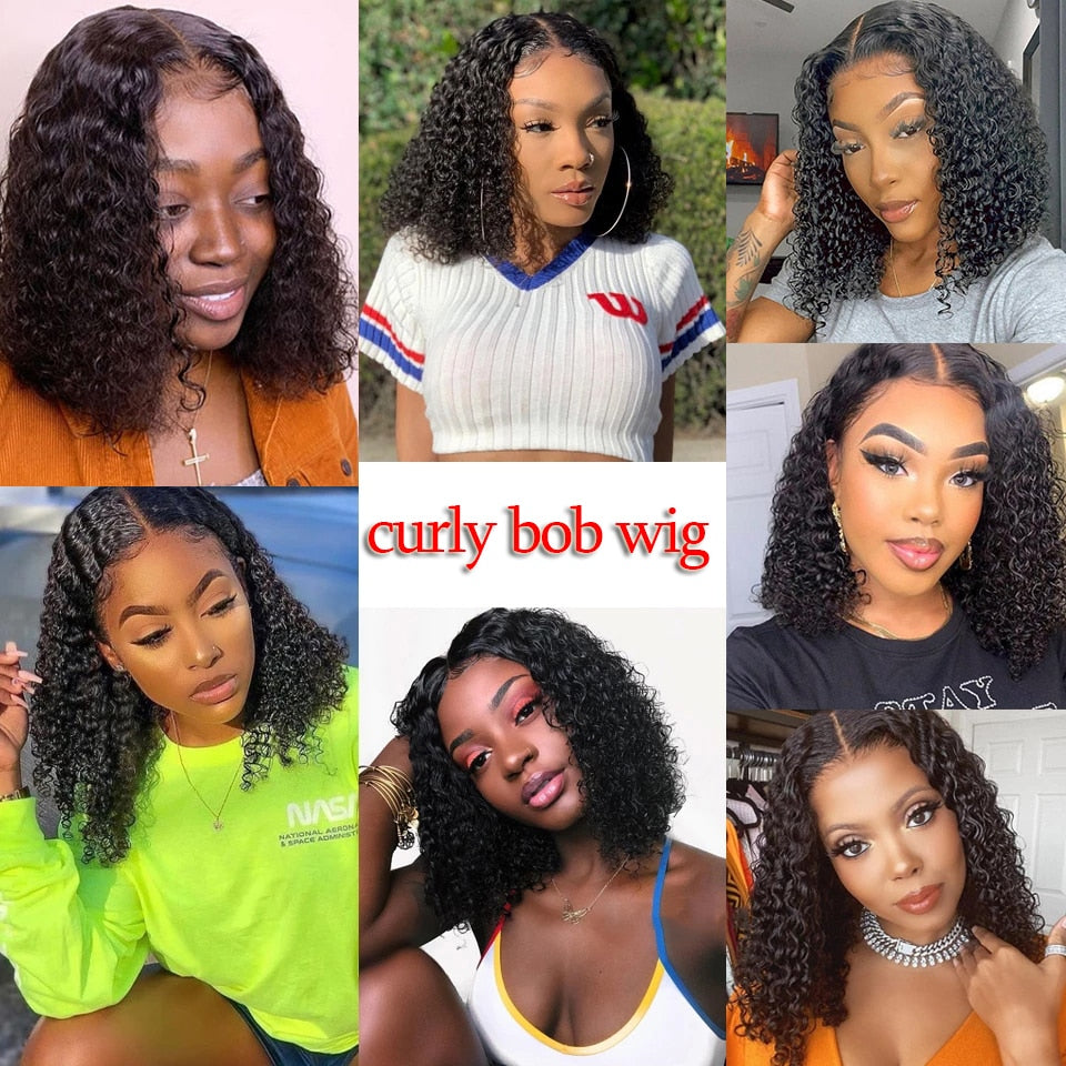 Short Curly Bob Human Hair Wigs/ transparent lace frontal