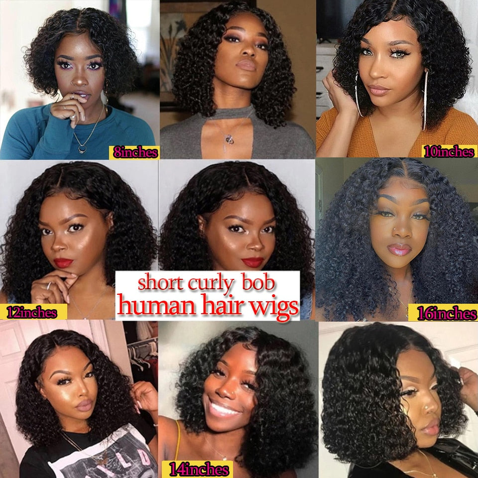 Short Curly Bob Human Hair Wigs/ transparent lace frontal