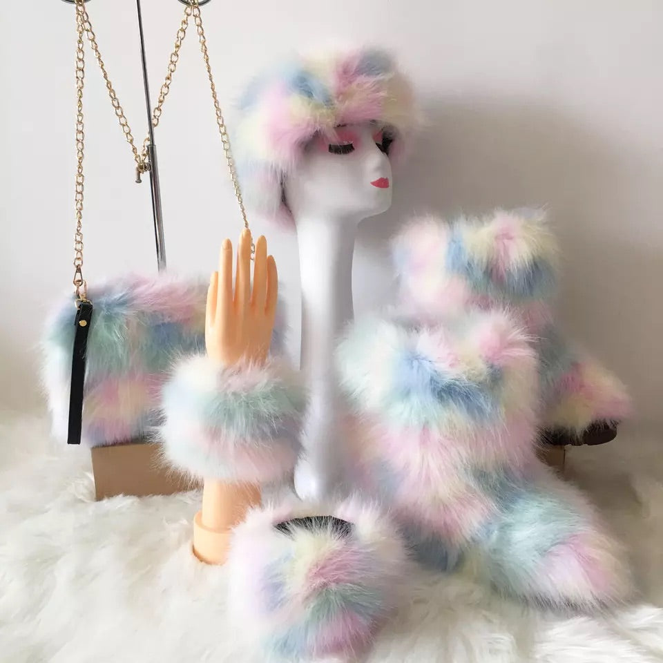 Fluffy Faux Fur Boots with Matching Color Shoulder Bag Set.