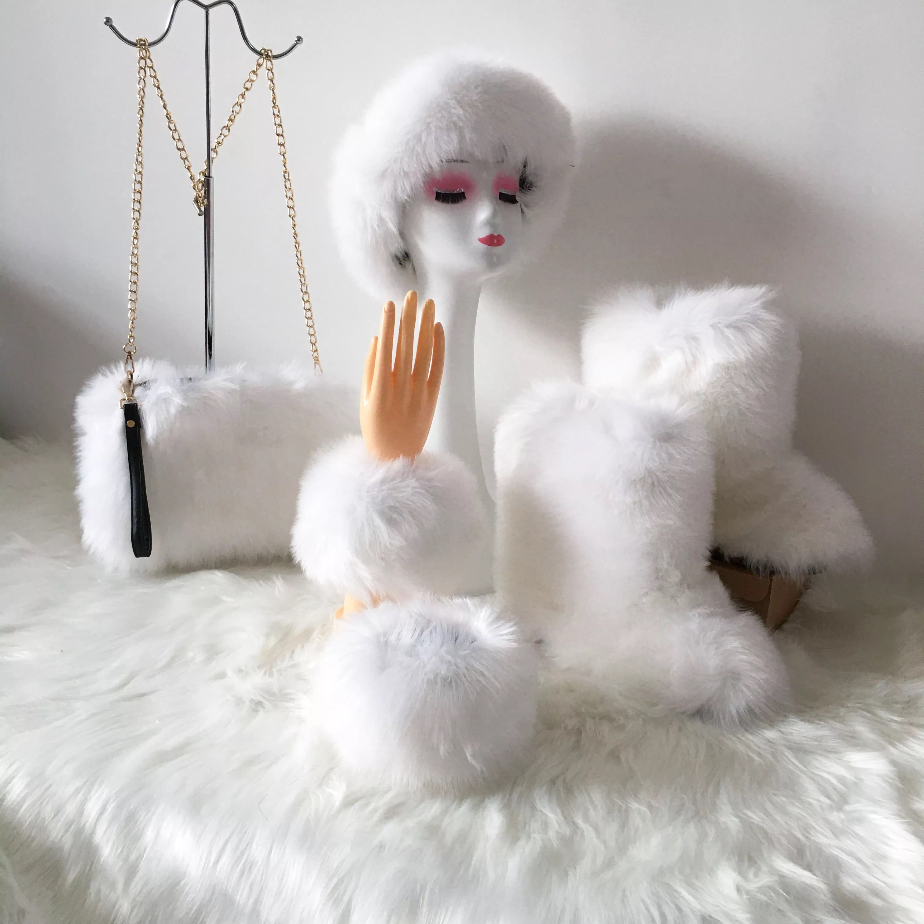 Fluffy Faux Fur Boots with Matching Color Shoulder Bag Set.