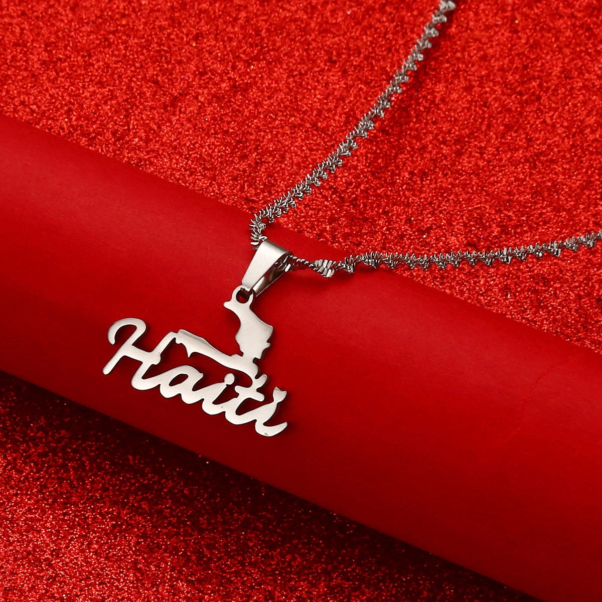 Stainless Steel Haiti Map Pendant Necklace