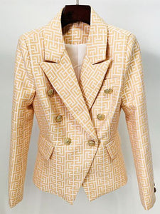 Double Breasted Lion Buttons Geometrical Jacquard Blazer