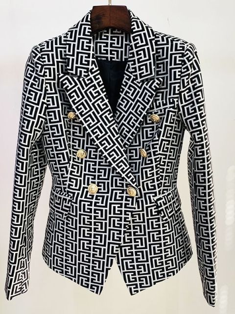 Double Breasted Lion Buttons Geometrical Jacquard Blazer