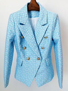 Double Breasted Lion Buttons Geometrical Jacquard Blazer