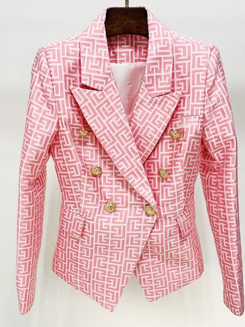 Double Breasted Lion Buttons Geometrical Jacquard Blazer