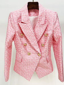 Double Breasted Lion Buttons Geometrical Jacquard Blazer