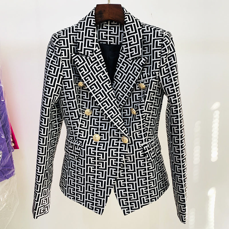 Double Breasted Lion Buttons Geometrical Jacquard Blazer