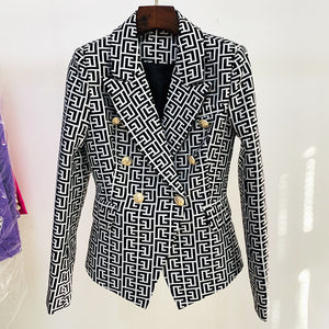 Double Breasted Lion Buttons Geometrical Jacquard Blazer