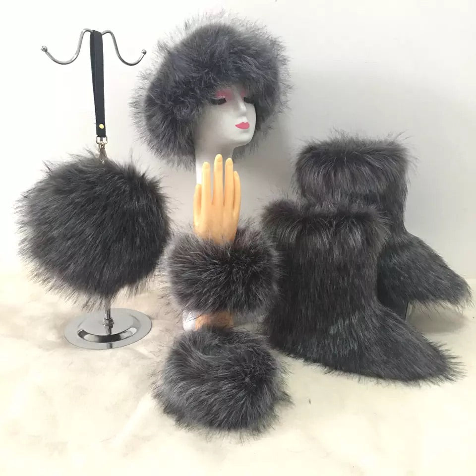 Fluffy Faux Fur Boots with Matching Color Shoulder Bag Set.